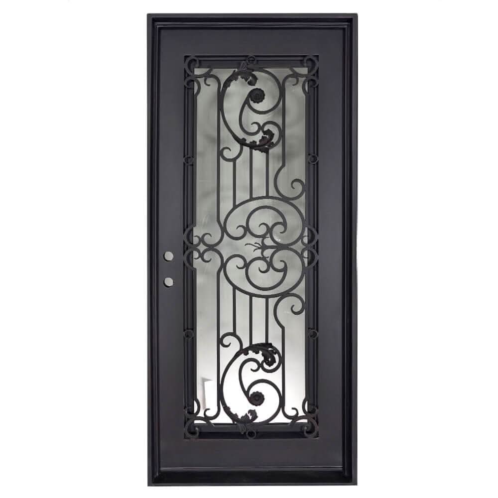 Manhattan Single flat top entry door with double-pane tempered glass and metalwork.