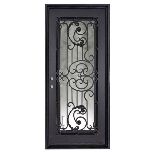 Manhattan Single flat top entry door with double-pane tempered glass and metalwork.