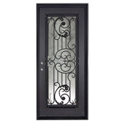 Manhattan Black exterior iron single flat top swing door with thick glass insert.