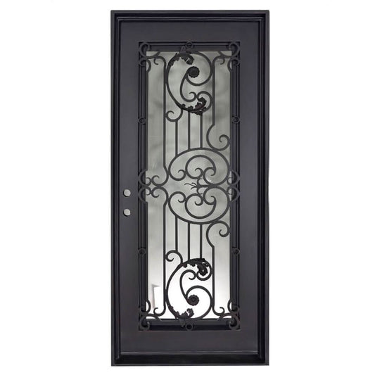 Single entryway door with a thick iron and steel frame and a full pane of glass behind intricate iron detailing.