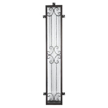 Load image into Gallery viewer, Sidelight window to accompany an entryway front door. Window has iron detailing and tabs to place screws to secure. Window is thermally broken to protect from extreme heat.
