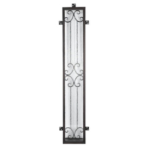 Sidelight window to accompany an entryway front door. Window has iron detailing and tabs to place screws to secure. Window is thermally broken to protect from extreme heat.