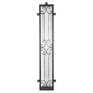 Sidelight window to accompany an entryway front door. Window has iron detailing and tabs to place screws to secure. Window is thermally broken to protect from extreme weather.