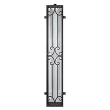 Load image into Gallery viewer, Sidelight window to accompany an entryway front door. Window has iron detailing and tabs to place screws to secure. Window is thermally broken to protect from extreme heat.
