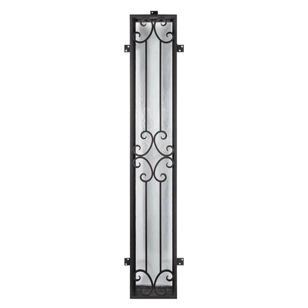 Square top decorative side window with ornate design.