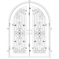 Double entryway doors made with a thick iron frame and a slight arch. Doors feature a full panel of glass behind iron detailing.