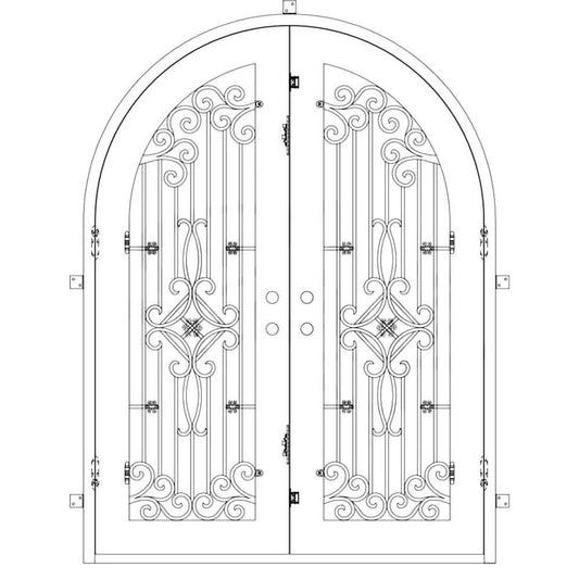 Double entryway doors made with a thick iron frame and a full arch. Doors feature a 3/4 panel of glass behind iron detailing and are thermally broken to protect from extreme weather.