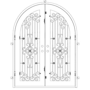 Double entryway doors made with a thick iron frame and a full arch. Doors feature a 3/4 panel of glass behind iron detailing and are thermally broken to protect from extreme weather.