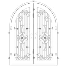 Load image into Gallery viewer, Double entryway doors made with a thick iron frame and a full arch. Doors feature a 3/4 panel of glass behind iron detailing and are thermally broken to protect from extreme weather.