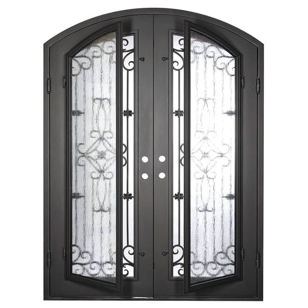 Expressway black colored metal arch top door with glass and thermal break.