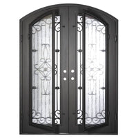 Double entryway doors made with a thick iron frame and a slight arch. Doors feature a full panel of glass behind iron detailing and are thermally broken to protect from extreme weather.