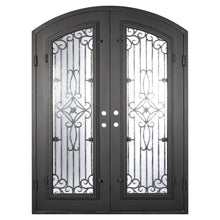 Load image into Gallery viewer, Double entryway doors made with a thick iron frame and a slight arch. Doors feature a full panel of glass behind iron detailing and are thermally broken to protect from extreme weather.