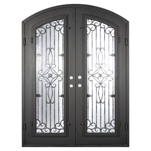 Double entryway doors made with a thick iron frame and a slight arch. Doors feature a full panel of glass behind iron detailing and are thermally broken to protect from extreme weather.