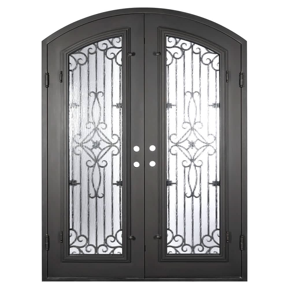Expressway iron door with clear glass in bronze tone and arched design.