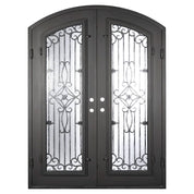 Expressway iron door with clear glass in bronze tone and arched design.