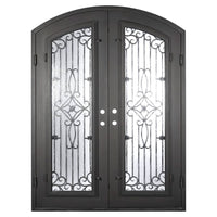 Double entryway doors with a thick iron frame, a slight arch and a full panel of glass behind an intricate iron design. Door is thermally broken to protect from extreme weather.