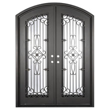 Load image into Gallery viewer, Double entryway doors made with a thick iron frame and a slight arch. Doors feature a full panel of glass behind iron detailing and are thermally broken to protect from extreme weather.