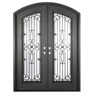 Double entryway doors made with a thick iron frame and a slight arch. Doors feature a full panel of glass behind iron detailing and are thermally broken to protect from extreme weather.