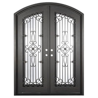 Double entryway doors made with a thick iron frame and a slight arch. Doors feature a full panel of glass behind iron detailing and are thermally broken to protect from extreme weather.