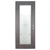Single entryway door with a thick iron frame and a full panel of glass behind an intricate iron design. Door is thermally broken to protect from extreme weather.