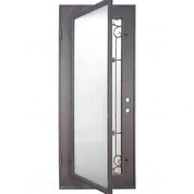 Expressway Black metal flat top single entry door with double-pane glass and scrollwork.