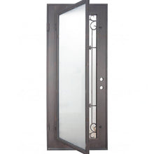 Load image into Gallery viewer, Single entryway door with a thick iron frame, a slight arch and a full panel of glass behind an intricate iron design.