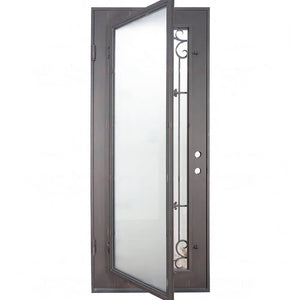Single entryway door with a thick iron frame, a slight arch and a full panel of glass behind an intricate iron design.
