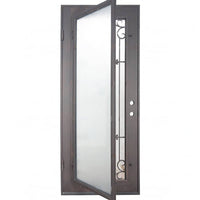 Single entryway door with a thick iron frame and a full panel of glass behind an intricate iron design. Door is thermally broken to protect from extreme weather.