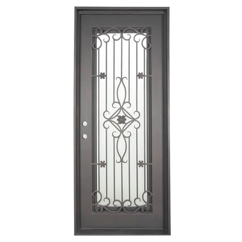 Single entryway door with a thick iron frame and a full panel of glass behind an intricate iron design. Door is thermally broken to protect from extreme weather.