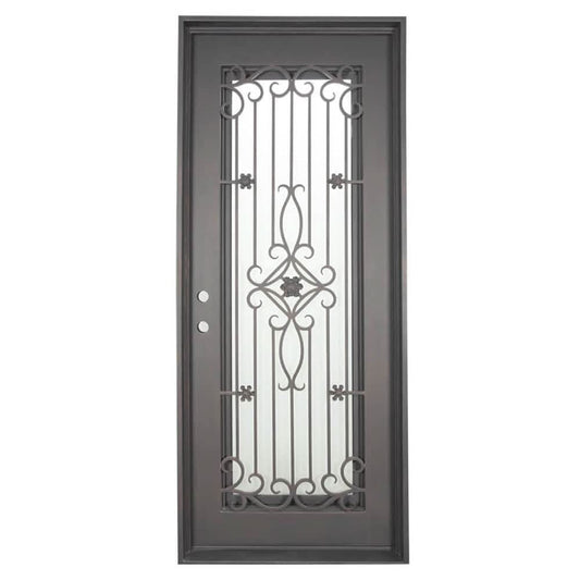 Single entryway door with a thick iron frame, a slight arch and a full panel of glass behind an intricate iron design.