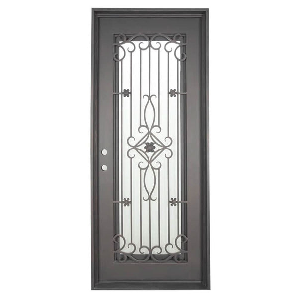 Expressway Pre-hung black wrought iron flat top single door with glass panel.