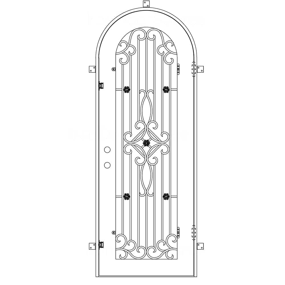 Single entryway door with a thick iron frame, a full arch and a panel of glass behind an intricate iron design. Door is thermally broken to protect from extreme weather.