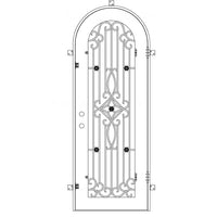 Single entryway door with a thick iron frame, a full arch and a panel of glass behind an intricate iron design. Door is thermally broken to protect from extreme weather.