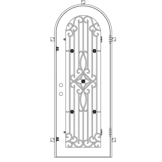 Single entryway door with a thick iron frame, a full arch and a panel of glass behind an intricate iron design. Door is thermally broken to protect from extreme weather.