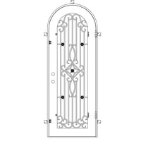 Single entryway door with a thick iron frame, a slight arch and a full panel of glass behind an intricate iron design.