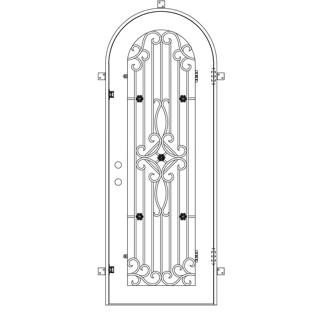 Single entryway door with a thick iron frame, a slight arch and a full panel of glass behind an intricate iron design.
