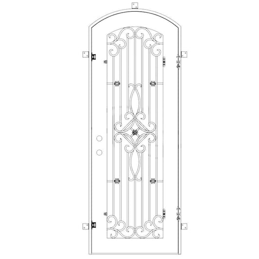 Single entryway door with a thick iron frame, a slight arch and a full panel of glass behind an intricate iron design.