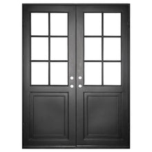 Load image into Gallery viewer, Double exterior doors made for an entryway with a thick iron and steel frame and two 6-paned windows. Doors are thermally broken to protect from extreme weather.