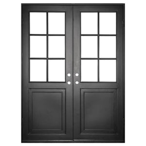 Double exterior doors made for an entryway with a thick iron and steel frame and two 6-paned windows. Doors are thermally broken to protect from extreme weather.
