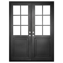 Load image into Gallery viewer, Double exterior doors made for an entryway with a thick iron and steel frame and two 6-paned windows. Doors are thermally broken to protect from extreme weather.