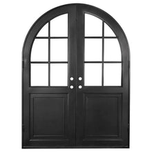Load image into Gallery viewer, Double exterior doors made for an entryway with a thick iron and steel frame, two 6-paned windows and a full arch. Doors are thermally broken to protect from extreme weather.