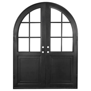 Double exterior doors made for an entryway with a thick iron and steel frame, two 6-paned windows and a full arch. Doors are thermally broken to protect from extreme weather.