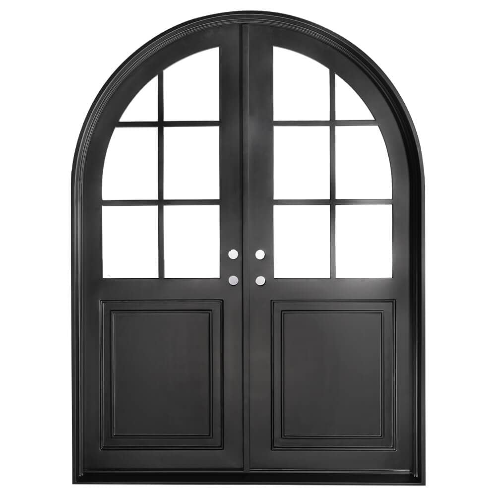 Double exterior doors made for an entryway with a thick iron and steel frame, two 6-paned windows and a full arch. Doors are thermally broken to protect from extreme weather.