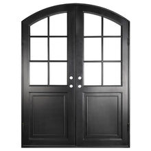 Load image into Gallery viewer, Double exterior doors made for an entryway with a thick iron and steel frame, two 6-paned windows and a slight arch. Doors are thermally broken to protect from extreme weather.