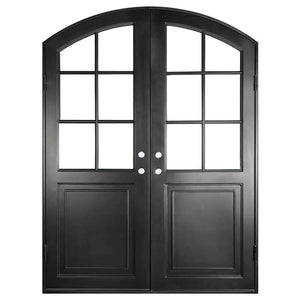 Double exterior doors made for an entryway with a thick iron and steel frame, two 6-paned windows and a slight arch. Doors are thermally broken to protect from extreme weather.