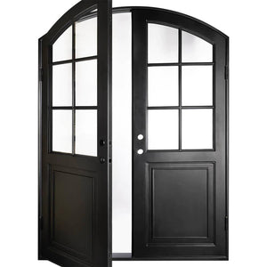 Double exterior doors made for an entryway with a thick iron and steel frame, two 6-paned windows and a slight arch. Doors are thermally broken to protect from extreme weather.