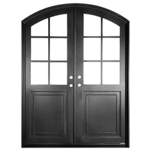 Load image into Gallery viewer, Double exterior doors made for an entryway with a thick iron and steel frame, two 6-paned windows and a slight arch. Doors are thermally broken to protect from extreme weather.