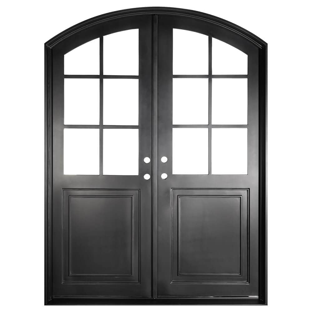 Double exterior doors made for an entryway with a thick iron and steel frame, two 6-paned windows and a slight arch. Doors are thermally broken to protect from extreme weather.