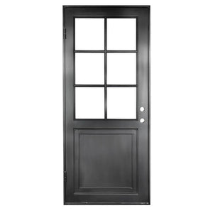 Single entryway door with a 6-pane window. Door is thermally broken to protect from extreme weather.
