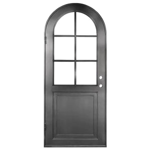 Single entryway door with a 6-pane window and a full arch. Door is thermally broken to protect from extreme weather.